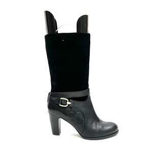Vintage Y2K black suede and leather strappy heeled zip up fashion boots